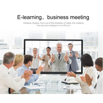 Miradisplay Wireless HDMI Dongle for Screen Mirroring on TV showing a business meeting mirrored on a TV screen for presentations and e-learning