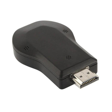 Black Ezcast HDMI Dongle for Wireless Mirroring from Phones to TV plugged into HDMI port, compact wireless screen mirroring adapter