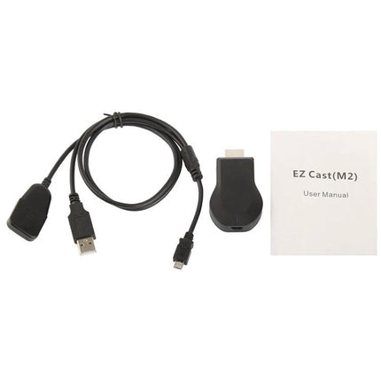 Ezcast HDMI Dongle for Wireless Mirroring from Phones to TV photo showing dongle, USB power cable, and user manual