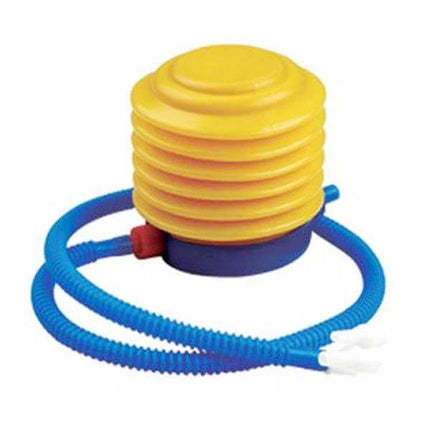 Portable Foot Air Pump for Inflatables Lightweight and Easy to Use - compact yellow bellows pump with blue hose for camping, pools, air mattresses