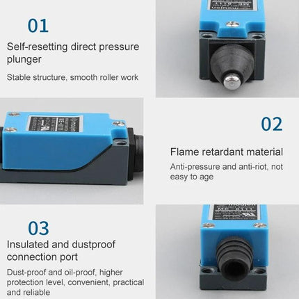 Self-Reset Pin Plunger Mini Limit Switch for Mechanical Detection showing blue housing, self-resetting pin plunger and dustproof connection port