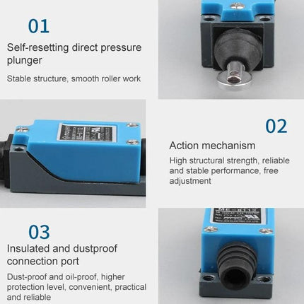 Mini Limit Switch with Roller Plunger for Automation Control - blue mini limit switch with roller plunger, self-resetting, insulated dustproof port, automation detector