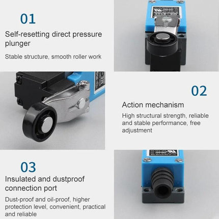 Mini Roller Arm Limit Switch for Industrial Equipment Use showing self-resetting roller plunger, action mechanism and insulated dustproof connection port