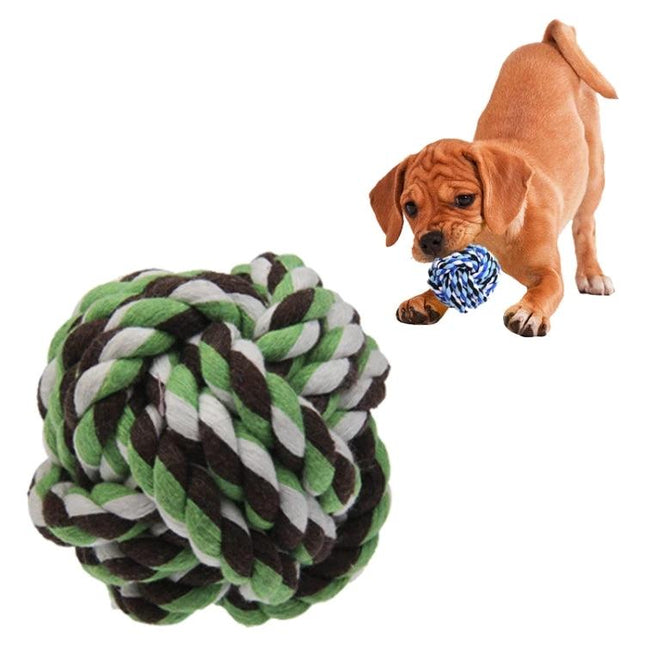 Cotton Rope Ball for Daily Pet Playtime and Chewing Fun — green braided cotton rope ball with puppy playing