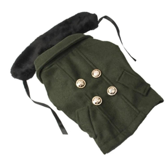 Woolen Dog Coat For Keeping Pets Warm On Daily Walks - olive double-breasted woolen dog coat with faux fur collar
