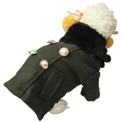 Woolen Dog Coat For Keeping Pets Warm On Daily Walks - olive woolen coat with faux fur collar and decorative buttons