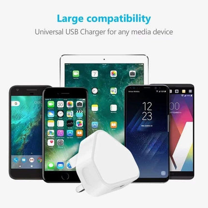 USB Charger That Fits Seamlessly Into Daily Routines - compact white USB charger with multiple smartphones and tablet showing large compatibility