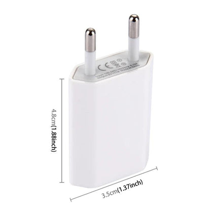 Portable USB Travel Charger for Everyday Devices on the Go - compact white USB wall charger with two round EU pins and dimensions shown