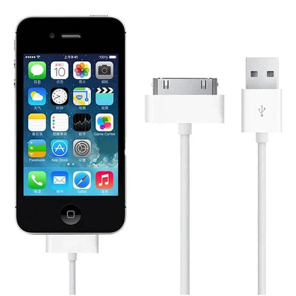 USB Cable for Everyday iPhone and iPad Charging at Home - white 30-pin to USB cable beside iPhone