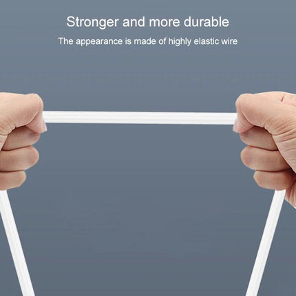USB Cable for Everyday iPhone and iPad Charging at Home showing hands stretching a flexible, durable white cable