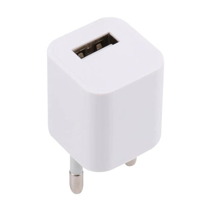 Compact USB Charger for Travel and Everyday Essentials - white compact USB wall charger plugged into outlet for phones and tablets