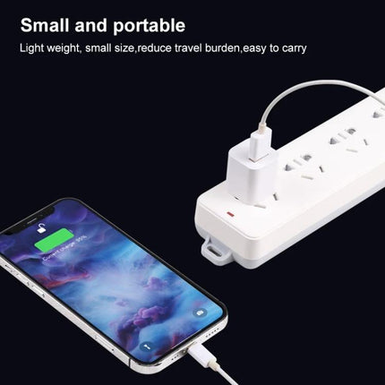 Compact USB Charger for Travel and Everyday Essentials plugged into power strip charging smartphone, small and portable travel charging solution