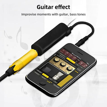 Guitar Adapter for iPhone and iPad Daily Music Practice - 1/4" to 3.5mm plug showing adapter connected to iPhone for practice