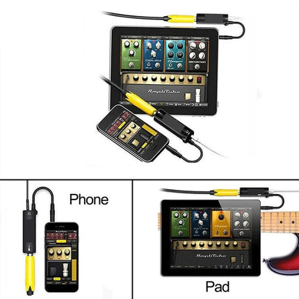 Guitar Adapter for iPhone and iPad Daily Music Practice connecting electric guitar to iPhone and iPad with 1/4" jack and 3.5mm output