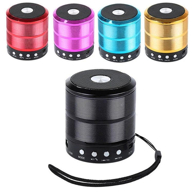 Compact Portable Bluetooth Speaker For Home Desk Kitchen Travel shown in five colors, small cylindrical wireless speaker with controls