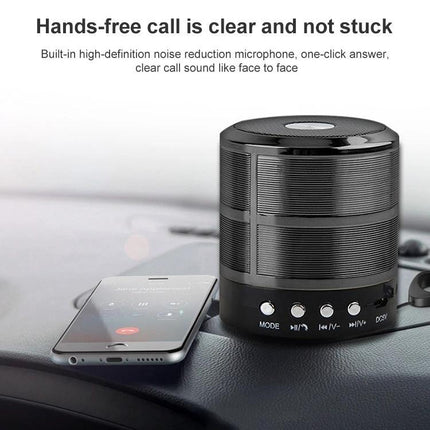Compact Portable Bluetooth Speaker For Home Desk Kitchen Travel shown on car dashboard with phone for hands-free calls and music