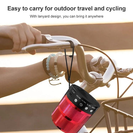 Compact Portable Bluetooth Speaker For Home Desk Kitchen Travel showing red speaker hanging from bicycle handlebar with lanyard