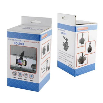 Car Sun Visor Phone Mount Clip Universal Fit For Smartphones - boxed product showing visor-mounted smartphone holder with single-button release