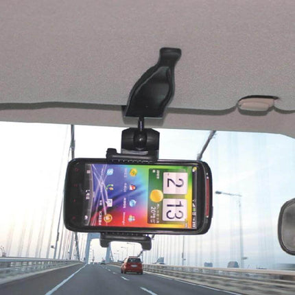 Car Sun Visor Phone Mount Clip Universal Fit For Smartphones clipped to visor holding smartphone for navigation and hands-free driving