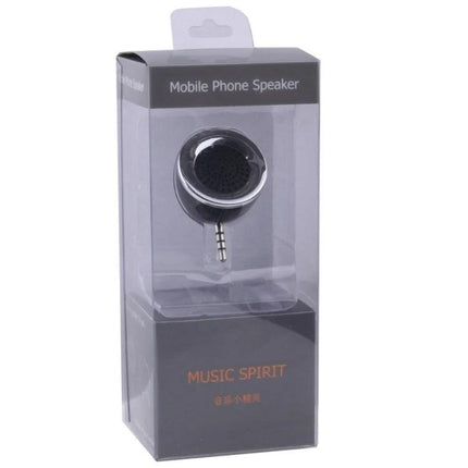 Compact Portable Speaker 3.5mm Jack For On The Go Listening in clear retail packaging showing 3.5mm plug