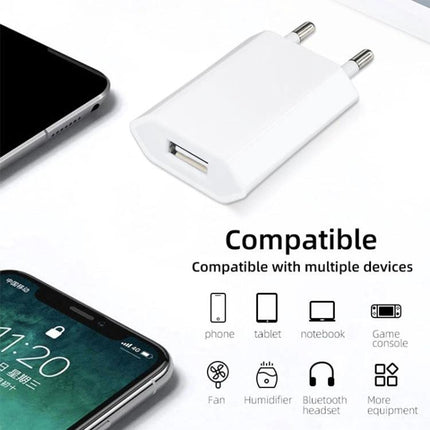 Essential USB Charger for Daily Device Use at Home — white USB wall adapter charging smartphone and tablet on nightstand