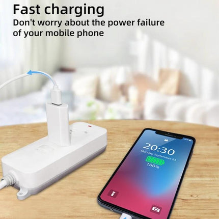 Essential USB Charger for Daily Device Use at Home showing charger plugged into power strip charging smartphone on bedside table