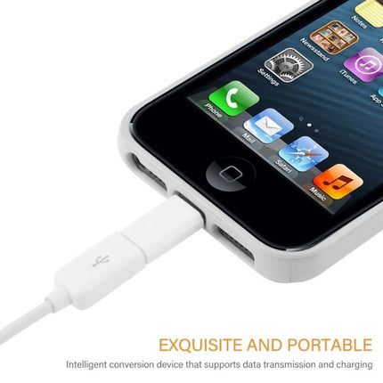 Essential Adapter for Everyday iPhone and iPad Charging — white USB to 8‑Pin adapter connected to an iPhone for charging and data transfer