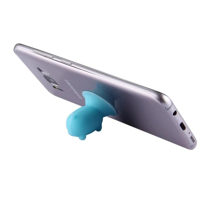 Pig Shaped Suction Cup Phone Holder for Car and Desk Use showing blue pig stand attached to phone for hands-free viewing on desk or dashboard