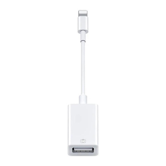 Handy USB OTG Adapter for iPad Connectivity in Daily Use — white lightning OTG adapter connecting iPad to USB keyboard or camera