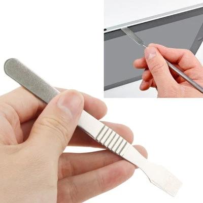 Metal Spudger Tool for Safe Phone Repair and Disassembly - stainless steel pry tool held to carefully open smartphone without damaging components