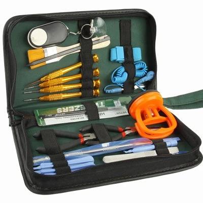 22-in-1 Screwdriver Tool Set for Laptop and Phone Repair in a zippered kit with precision bits, pry tools, suction cup and tweezers for phone and laptop fixes