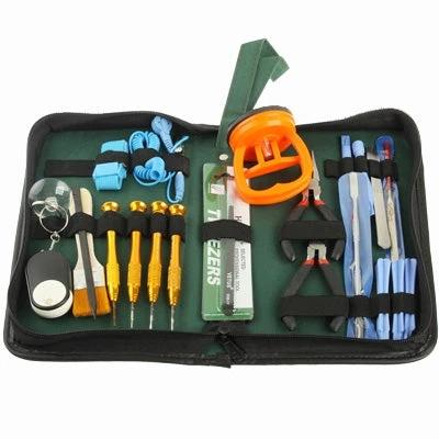 22-in-1 Screwdriver Tool Set for Laptop and Phone Repair showing organized bits, pry tools, suction cup and tweezers in a compact zipped case