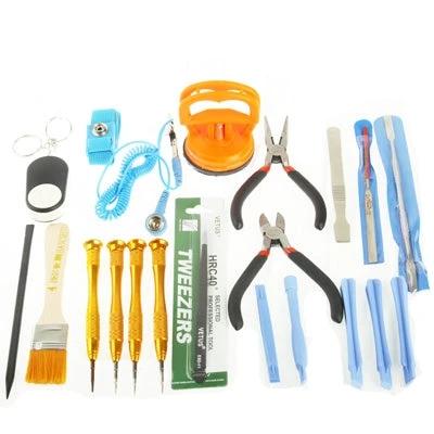 22-in-1 Screwdriver Tool Set for Laptop and Phone Repair showing 22-piece precision bits, pliers, pry tools, suction cup and tweezers for electronics