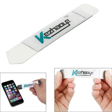 Thin Pry Blade Tool for Opening Smartphone and Tablet Casings — white plastic pry blade shown with hands and smartphone for opening casings