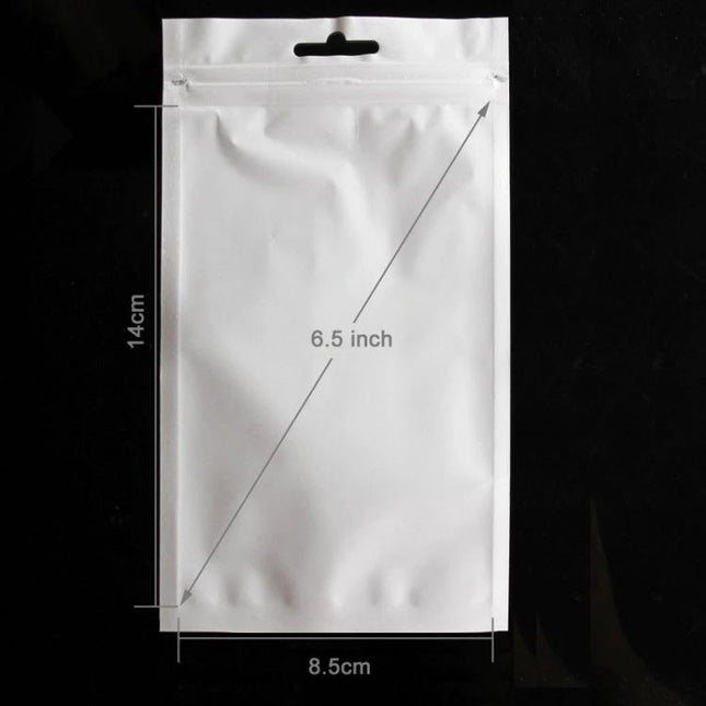 Pack of 500 Resealable Ziplock Bags for Smartphone Cases - white resealable pouch with hang hole, 8.5x14cm, protects phone cases from dust and moisture