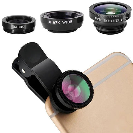 3-in-1 Smartphone Lens Kit for Everyday Photography showing fisheye, wide, macro lenses with clip mounted on a smartphone
