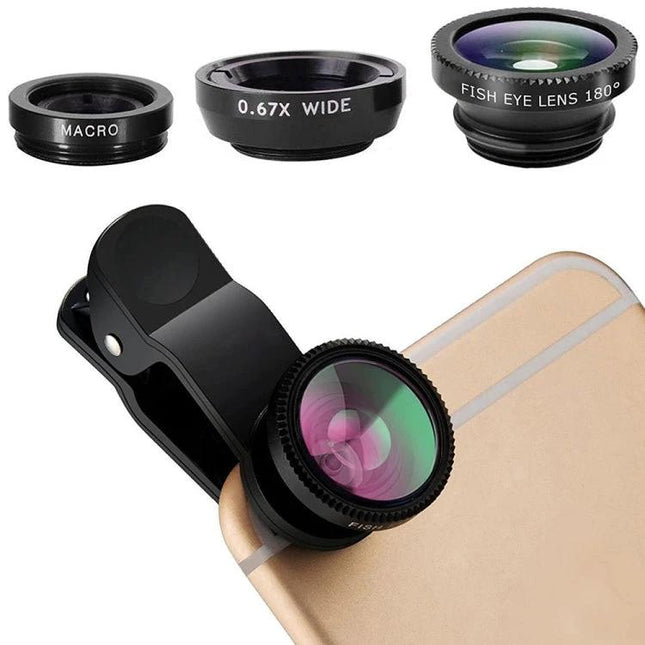 3-in-1 Smartphone Lens Kit for Everyday Photography showing fisheye, wide, macro lenses with clip mounted on a smartphone