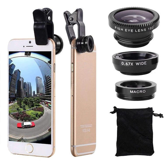 3-in-1 Smartphone Lens Kit for Everyday Photography showing fisheye, wide and macro clip-on lenses with phone and carrying pouch