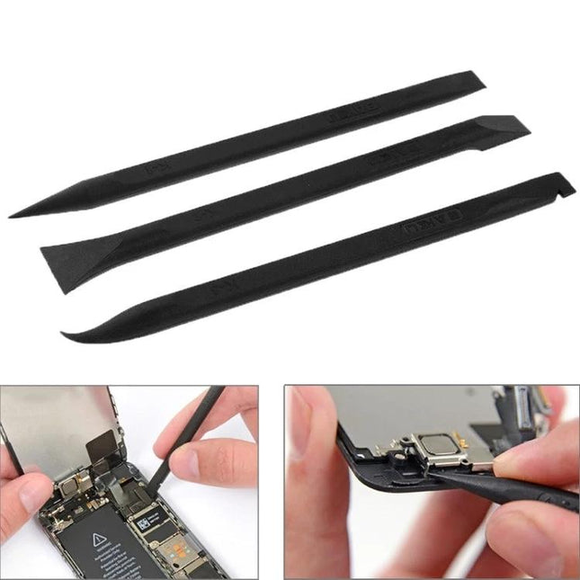 Baku Anti-Static Pry Tools for Phone Repair and Cable Replacement - three black anti-static plastic pry tools shown opening smartphone and lifting components