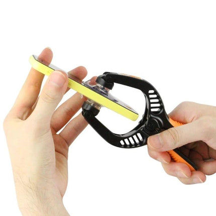 Jakemy Universal Mobile Screen Repair Tool for Smartphones being used to safely lift a smartphone screen with suction and pry handle