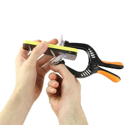 Jakemy Universal Mobile Screen Repair Tool for Smartphones being used with suction cup and clamp to safely lift a smartphone screen