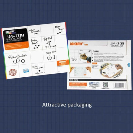 JAKEMY 25cm x 20cm Magnetic Mat with Marker for Phone Repair on grid mat showing labeled compartments and packaging