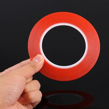 Double Sided Adhesive Tape for Phone Screen Repair, 3mm Width - red roll held by hand, thin precise 25m tape for DIY screen repairs and reassembly