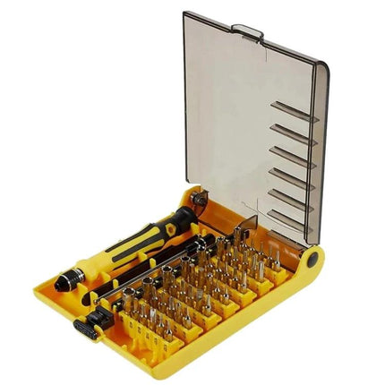 45-in-1 Screwdriver Repair Tool Set for Electronics Maintenance — yellow case with organized precision bits and ergonomic handle for phone and laptop repair