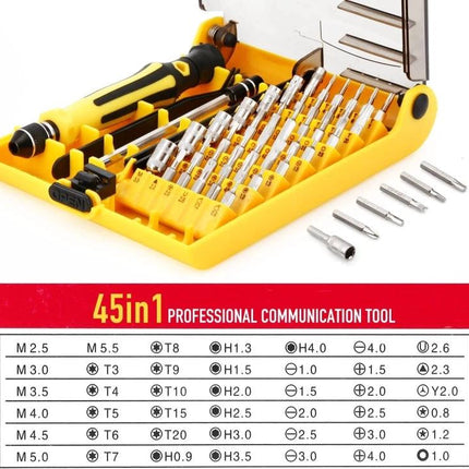45-in-1 Screwdriver Repair Tool Set for Electronics Maintenance with organized bits and yellow case for laptop and phone repairs