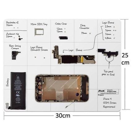 Magnetic Project Mat for Phone Repairs, 30cm x 25cm with phone components organized on grid and screws held by magnetic surface