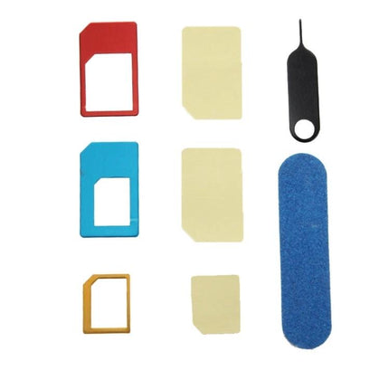 SIM Card Adapter Set for Seamless Device Switching showing nano-to-micro-standard adapters, SIM eject tool and pads for easy travel and device compatibility
