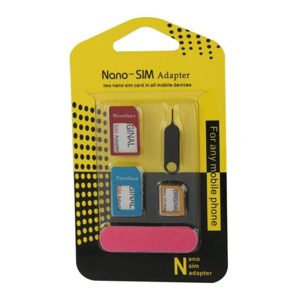 SIM Card Adapter Set for Seamless Device Switching showing nano-to-micro-to-standard adapters and SIM eject tool in retail blister pack
