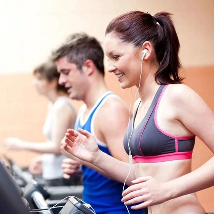Wired In Ear Earbuds With Inline Mic Comfortable Daily Fit woman jogging on treadmill at gym wearing white earbuds