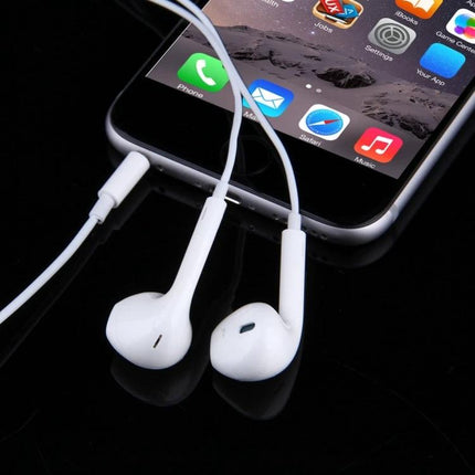 Wired 3.5mm Earphones With Inline Microphone For Calls - white earbuds with inline mic near smartphone for commuting